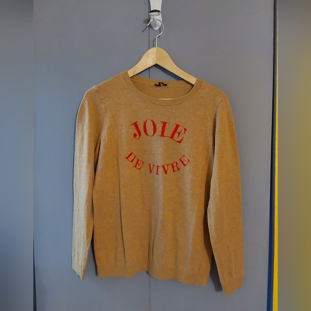 Talbots Beige Crewneck Sweater with Red "Joie de Vivre" Script